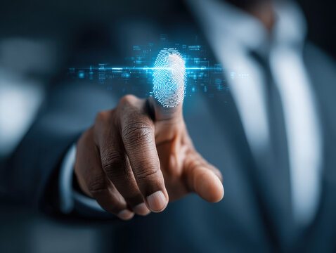 Man in suit pointing finger with glowing digital fingerprint scanner interface biometric identification security concept technology