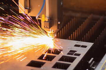 Industrial Laser cutting processing manufacture technology of flat sheet metal steel material with sparks
