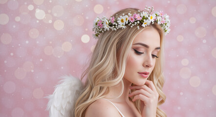 Portrait of a young blonde woman as an angel with a flower crown. Ethereal beauty with feather wings on a dreamy pink background