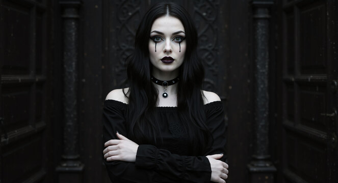 Portrait of a gothic woman with dark makeup and black tears. Alternative fashion model with a serious expression. Goth subculture aesthetic