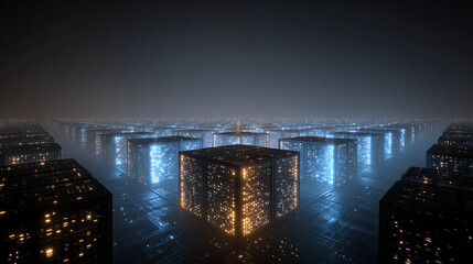 AI algorithm visualized as floating glowing lights above server racks symbolizing data processing digital intelligence cloud computing and futuristic technology in abstract visualization