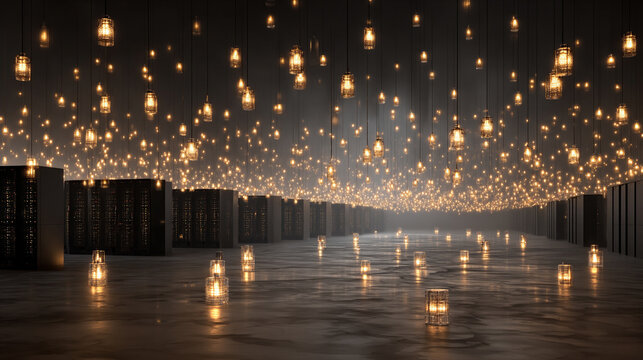 AI algorithm visualized as floating glowing lights above server racks symbolizing data processing digital intelligence cloud computing and futuristic technology in abstract visualization - Powered by Adobe