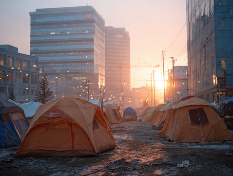 Urban tent camp with multiple colorful tents pitched on muddy ground between modern glass and concrete buildings during sunset with warm lighting and string lights - Powered by Adobe