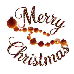 Festive merry christmas text art with glowing lights and decorative ornaments forming a swirling garland isolated on white background