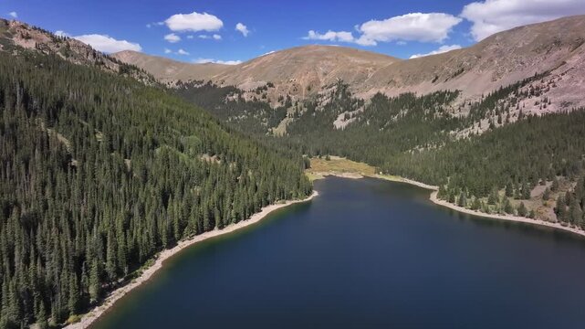 stunning drone video flying over high alpine lake in Colorado, USA.