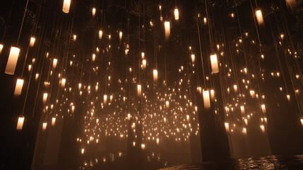 AI algorithm visualized as floating glowing lights above server racks symbolizing data processing digital intelligence cloud computing and futuristic technology in abstract visualization