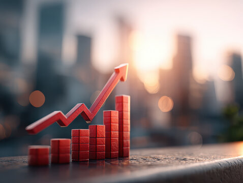 Red wooden bar graph with ascending arrow indicating growth and progress on blurred city skyline background during golden hour light and bokeh effects. - Powered by Adobe