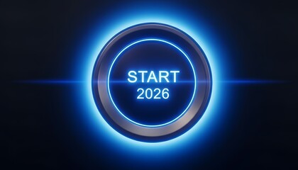 Digitaalinen sytytys: Lähikuvassa näkyy tyylikäs, futuristinen painike, jota valaisee eloisa neonvalo ja jossa näkyy rohkeasti sana START vuoden 2026 rinnalla.