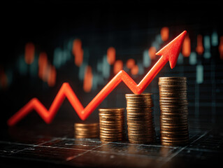 Stacked gold coins increasing in height with glowing red arrow pointing upward on dark background with blurred financial chart and candlestick graph in orange and blue