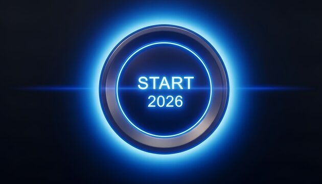 Digitaalinen sytytys: Lähikuvassa näkyy tyylikäs, futuristinen painike, jota valaisee eloisa neonvalo ja jossa näkyy rohkeasti sana START vuoden 2026 rinnalla.