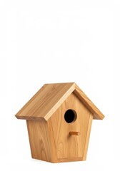 A quaint handcrafted wooden birdhouse featuring a natural wood grain texture, photographed in stark isolation against a pure white background ,avian ,nesting ,feeder