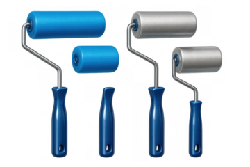 Paint rollers set including blue and silver rollers and handles for home wall painting and renovating work isolated