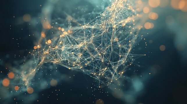AI neural network visualized floating mid-air with glowing nodes and connecting lines symbolizing artificial intelligence data flow digital connectivity and futuristic technology