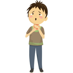 Young boy with brown hair wearing a green brown t-shirt and blue jeans clutching his throat in distress with sweat droplets on his forehead and red cheeks illustration on a transparent background