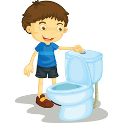 Young Boy With Brown Hair Wearing A Blue T Shirt And Dark Shorts Pushing The Flush Button On A White Toilet In A Studio Setting With A Shadow Below