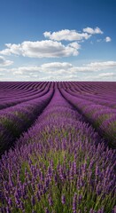 Obraz premium Expansive purple lavender fields under a brilliant summer sky, conveying tranquility and classic southern European beauty, bloom, beautiful, growth