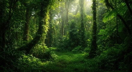 Obraz premium Extremely dense tropical rainforest background featuring lush green foliage, tangled vines, giant ferns, and exotic plants bathed in diffused sunlight, plants, natural, fern