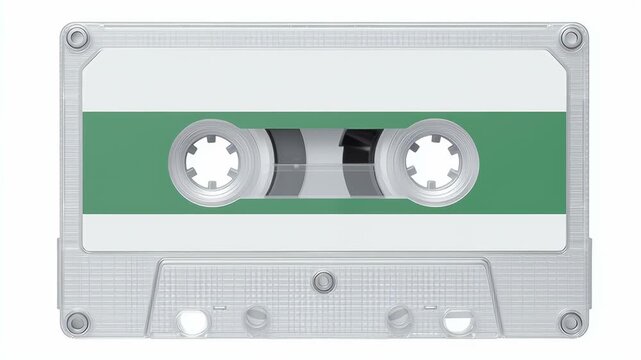 Vintage cassette tape with transparent case and green label. Video.