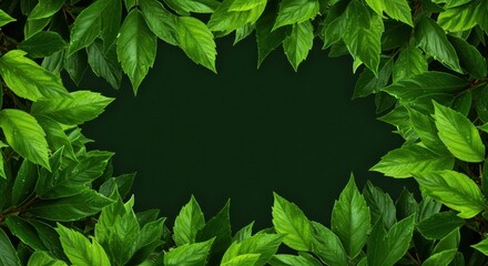 Lush, vibrant green foliage forms a decorative organic frame, perfect for spring or summer messages, offering generous central copy space, closeup, beautiful, header design