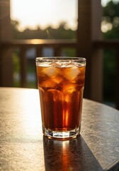 Refreshing iced beverage glistening on a porch table under the golden warmth of the afternoon sun, symbolizing ultimate summer relaxation, cool, glass, weather