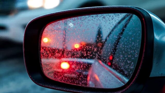 Police Car Lights Flashing in a Rainy Side Mirror During a Traffic Stop.