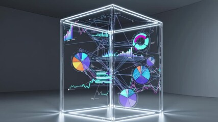 Futuristic video concept with a 3D cube displaying dynamic graphs and charts. Eye-level angle emphasizes the immersive digital analytics theme. - Powered by Adobe