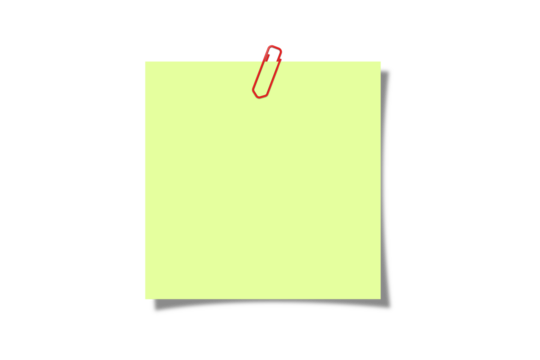 Blank Green Sticky Note with Red Paper Clip on Transparent Background