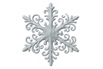 Ornate silver snowflake carving showing intricate filigree details. Festive winter decoration with a transparent background