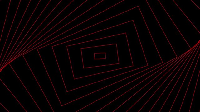 Red geometric spiral pattern of nested rectangles on a black background creating an optical illusion