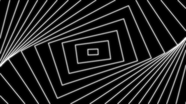 White geometric spiral pattern of nested rectangles on a black background creating an optical illusion