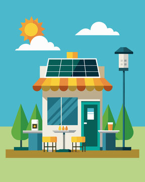 A charming roadside cafe powered entirely by solar energy and featuring quaint outdoor seating and charging stations perfect for a quick pitstop and a recharge of both devices and. Vector illustration