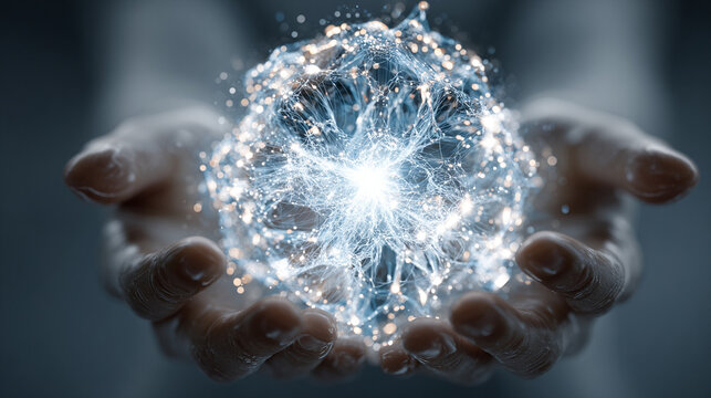 AI-generated hands cradle an ethereal glowing globe of light symbolizing innovation imagination digital connection and the fusion of technology and human creativity - Powered by Adobe