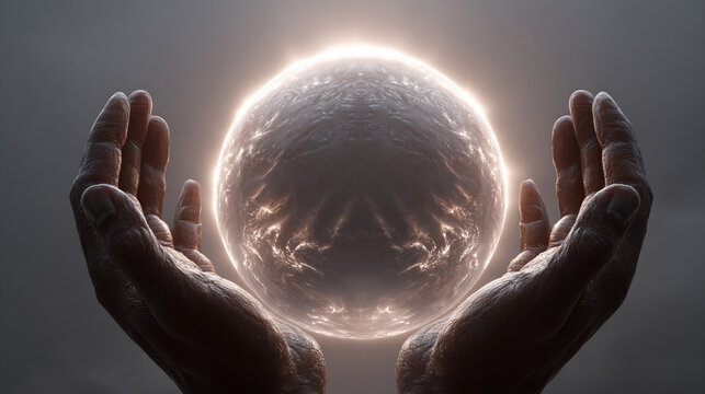 AI-generated hands cradle an ethereal glowing globe of light symbolizing innovation imagination digital connection and the fusion of technology and human creativity
