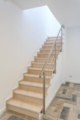 Bright staircase design, Contemporary stairwell with natural lighting and sleek details, Stylish sunlit staircase showcasing minimalist architecture and technical finesse