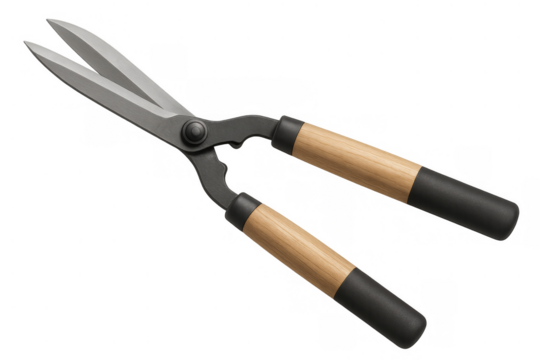 Hedge shears with wooden handles and black grips, ready for cutting and pruning garden hedges and shrubs