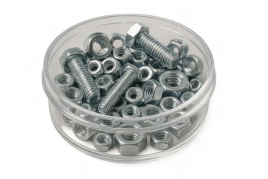 Metal bolts, nuts, and industrial fasteners collected in a clear round plastic container against a transparent background