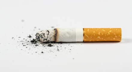 A burnt cigarette butt and residual gray ash stain a stark white surface, representing smoking cessation and unhealthy habit ,stop, end, expired