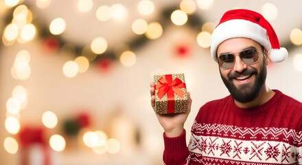 Happy bearded man in a festive Christmas sweater and Santa hat, wearing sunglasses and holding a wrapped gift box, celebrating the holiday season with joy and cheer