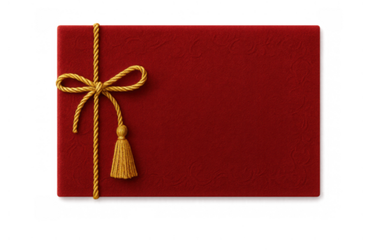 Diploma certificate cover in red velvet with golden cord and tassel, celebrating academic achievement and graduation on transparent background