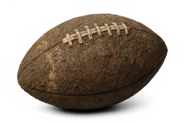 American football ball showing mud and wear, symbolizing rugged play, history, and vintage sports equipment on transparent background