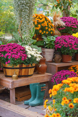 Vibrant autumn blooming chrysanthemums in pots standing on a rustic wooden greenhouse shelf with green rubber boots and tools in warm natural light. Gardening hobby, plant breeding, decorative garden