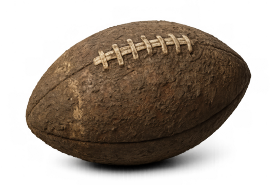American football ball showing mud and wear, symbolizing rugged play, history, and vintage sports equipment on transparent background