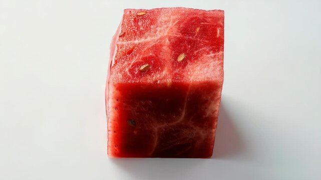 A close-up shot of a juicy, red watermelon cube resting on a surface with the background blurred for focus. The watermelon slice has small specks, indicative of seeds or seasoning.