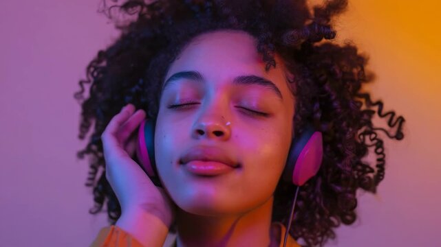 A portrait of a young woman with curly hair, wearing headphones and eyes closed in apparent enjoyment of the music she is listening to. She has a relaxed expression on her face.