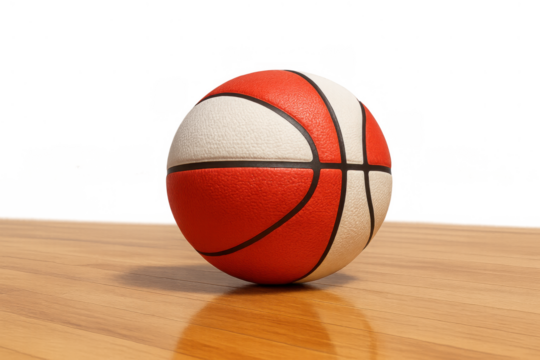 Basketball on a glossy wood court floor with a transparent background. Representing sport, competition, game, and recreation themes