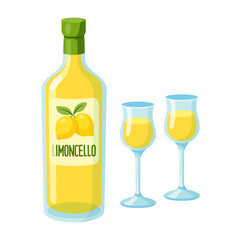 Vector illustration of bottle of Italian limoncello with two glasses with lemon liqueur 