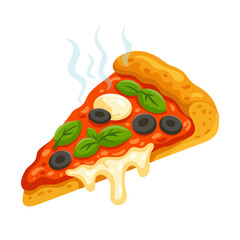 Vector food illustration of pizza slice with melting cheese, olives, basil leaves and sauce 
