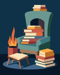 Naklejka premium A pile of books and a wornout reading chair by the fireplace suggest that the freelancer also indulges in moments of relaxation and introspection amidst their busy work schedule.. Vector illustration