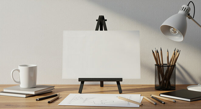 A4 Paper Mockup on Easel for Designer Portfolio Presentation and Creative Workspace Theme