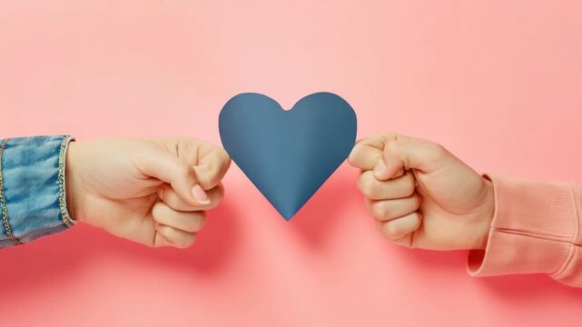 A symbol of friendship or romance, the two fists together with a heart shape in-between on a pink background.